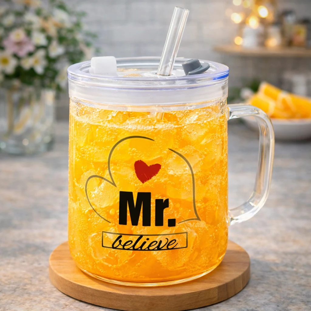 Children Glass Cup Drinking Mugs Glass Tumbler Milk Cup with Straw Silicone Lid Handle for Kids