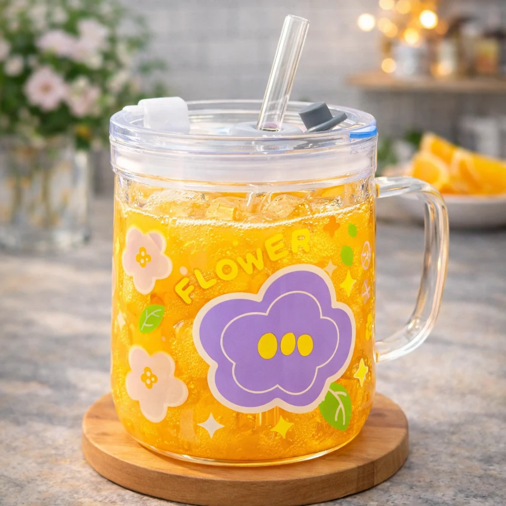 Children Glass Cup Drinking Mugs Glass Tumbler Milk Cup with Straw Silicone Lid Handle for Kids