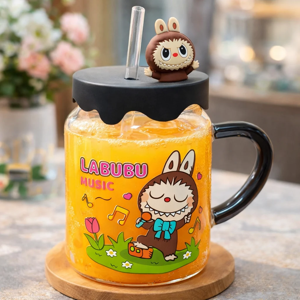Children Labubu Glass Cup Drinking Mugs Glass Tumbler Milk Cup with Straw Silicone Lid Handle for Kids