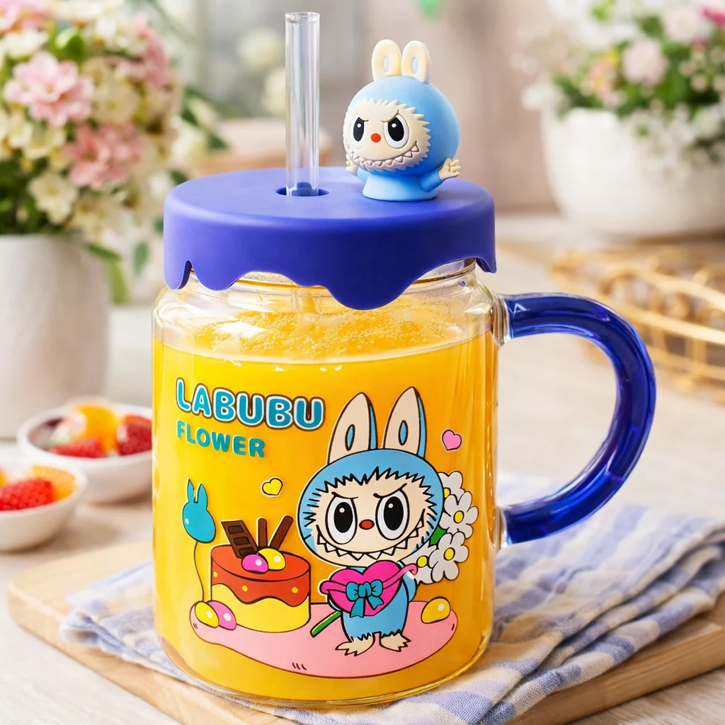 Children Glass Cup Drinking Mugs Glass Tumbler Milk Cup with Straw Silicone Lid Handle for Kids
