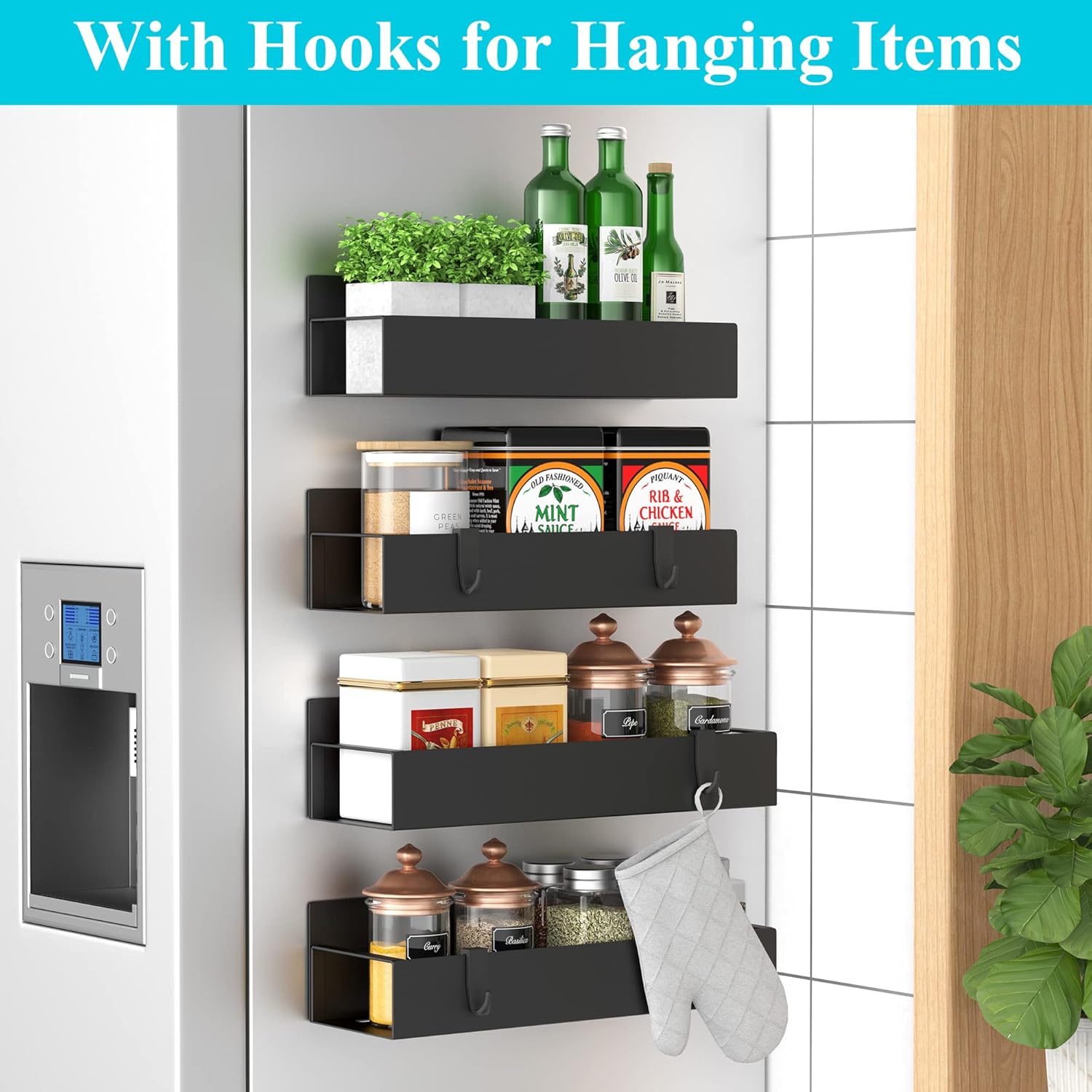 4-Pack Premium Magnetic Spice Rack Organizer for Refrigerator & Oven
